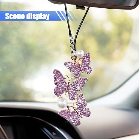 Bling Butterfly Diamond Car Hanging Accessories, Crystal Rear View Mirror Charms, Hanging Ornament Pendant Lucky Presents for Women, Interior Decoration Accessories (Purple)