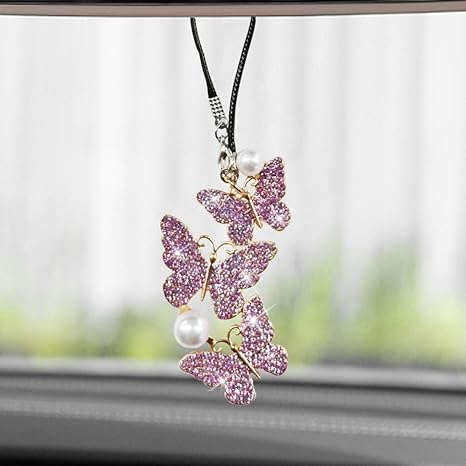Bling Butterfly Diamond Car Hanging Accessories, Crystal Rear View Mirror Charms, Hanging Ornament Pendant Lucky Presents for Women, Interior Decoration Accessories (Purple)