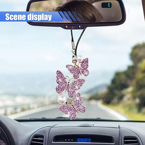 Bling Butterfly Diamond Car Hanging Accessories, Crystal Rear View Mirror Charms, Hanging Ornament Pendant Lucky Presents for Women, Interior Decoration Accessories (Purple)