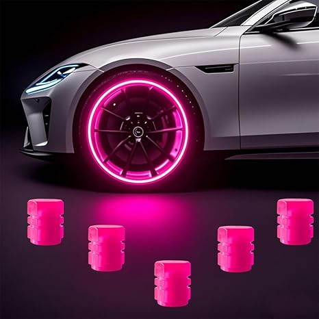 Glow in The Dark Tire Valve Stem Caps, 5 Pack Luminous Tire Valve Stem Caps, Fluorescent Car Tire Pressure Caps, Universal for Cars, Trucks, SUVs, Motorcycles, Bikes (Pink)