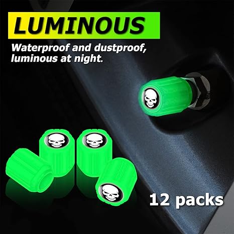 12PCS Fluorescent Skull Car Tire Valve Stem Caps, ABS Corrosion Resistant Wheel Valve Cover, Luminous Illuminated Cap Glow in The Dark, Auto Decor Accessories for Motorcycles Bicycles (Yellow/White)