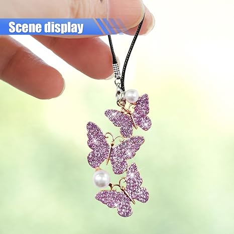Bling Butterfly Diamond Car Hanging Accessories, Crystal Rear View Mirror Charms, Hanging Ornament Pendant Lucky Presents for Women, Interior Decoration Accessories (Purple)