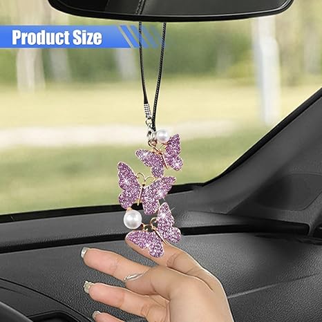 Bling Butterfly Diamond Car Hanging Accessories, Crystal Rear View Mirror Charms, Hanging Ornament Pendant Lucky Presents for Women, Interior Decoration Accessories (Purple)