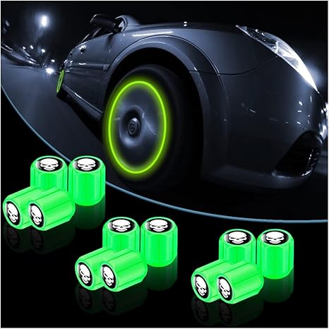 12PCS Fluorescent Skull Car Tire Valve Stem Caps, ABS Corrosion Resistant Wheel Valve Cover, Luminous Illuminated Cap Glow in The Dark, Auto Decor Accessories for Motorcycles Bicycles (Yellow/White)