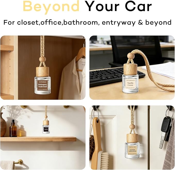 Classy Car Air Freshener Hanging 2 Pack, Mahogany Teakwood Essential Oil Diffuser, Cute Glass Bottle, Long-Lasting Fragrance Car Accessories for Women & Men, Made in USA