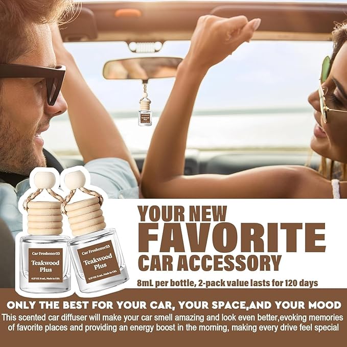 Classy Car Air Freshener Hanging 2 Pack, Mahogany Teakwood Essential Oil Diffuser, Cute Glass Bottle, Long-Lasting Fragrance Car Accessories for Women & Men, Made in USA