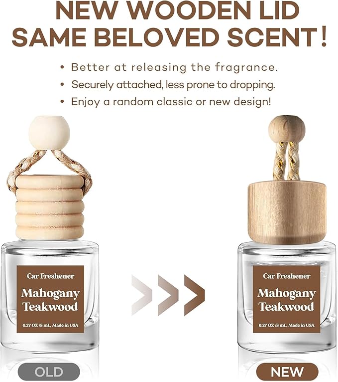 Classy Car Air Freshener Hanging 2 Pack, Mahogany Teakwood Essential Oil Diffuser, Cute Glass Bottle, Long-Lasting Fragrance Car Accessories for Women & Men, Made in USA