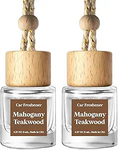 Classy Car Air Freshener Hanging 2 Pack, Mahogany Teakwood Essential Oil Diffuser, Cute Glass Bottle, Long-Lasting Fragrance Car Accessories for Women & Men, Made in USA